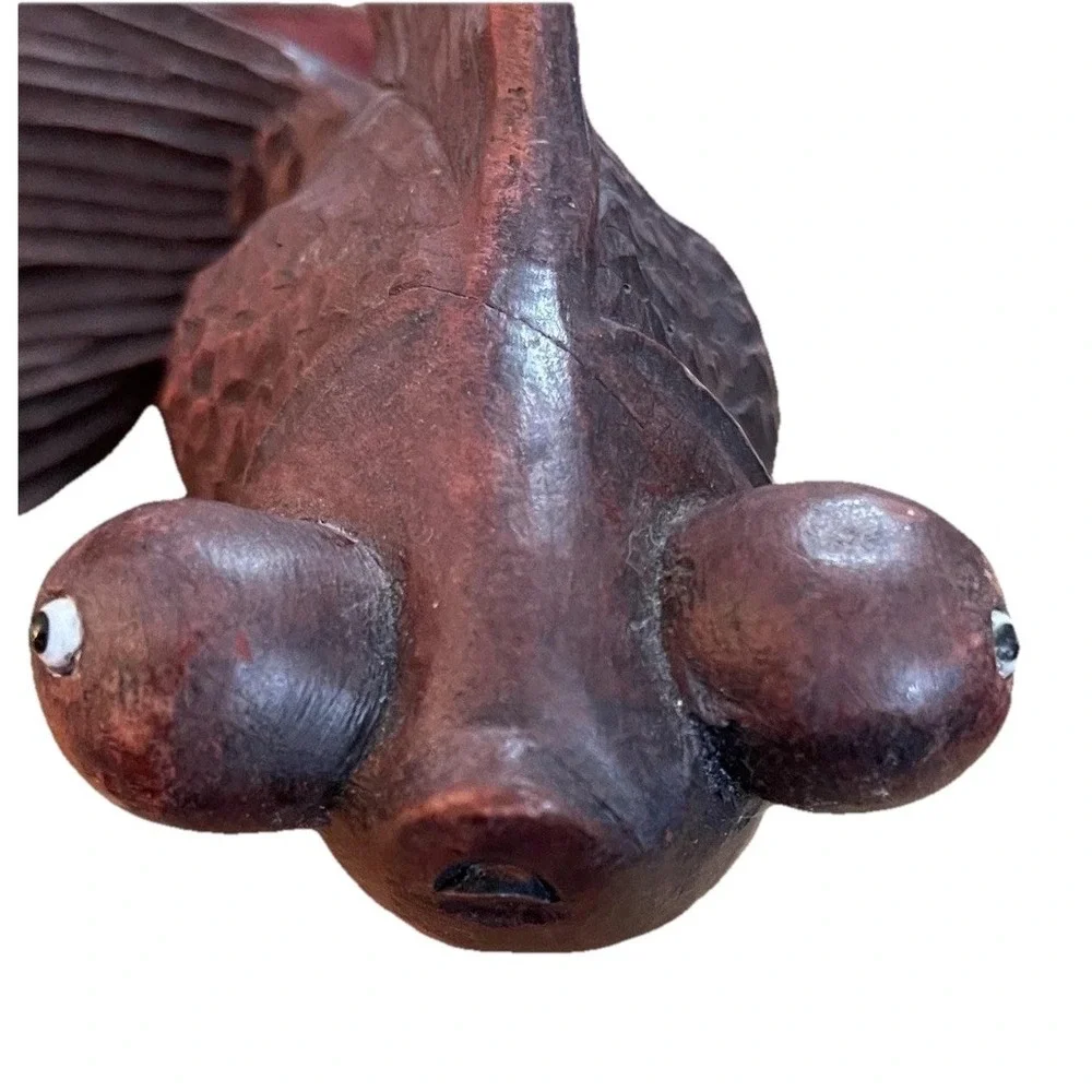 Hand Carved Wood Goldfish Figurine Bubble Eye Sculpture‎ Brown Nautical Decor